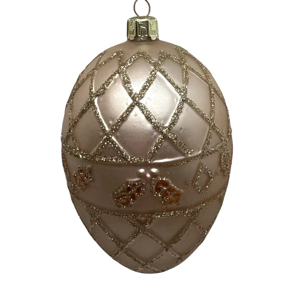 Champagne Pink‎ Blown Glass Egg Christmas Ornament Gold Glitter Trellis 4